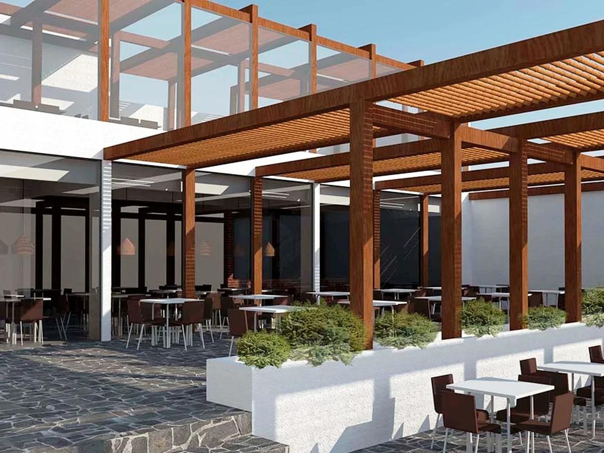 Terraza con pérgolas de madera del proyecto Restobar Touch & Go
